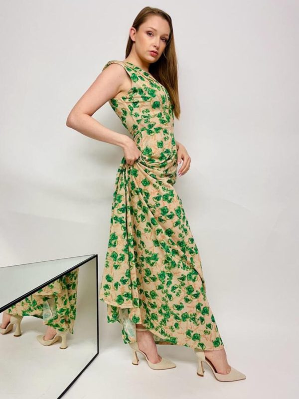 robe longue verte et beige